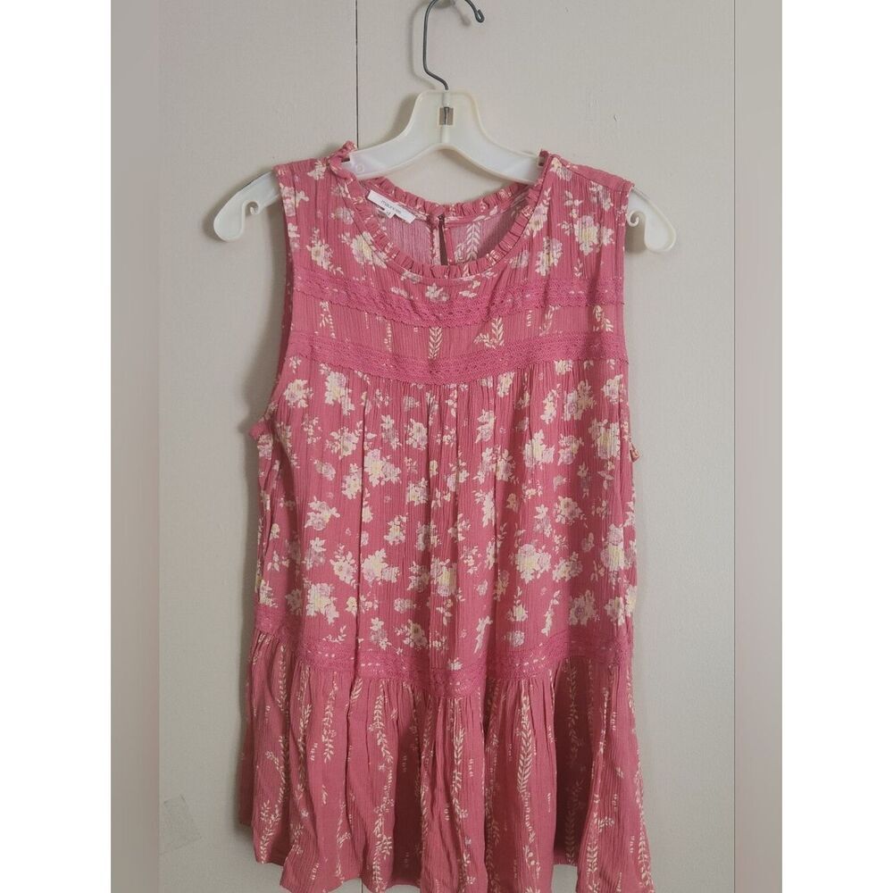 F16 Maurices Pink w Yellow Floral Ruffled Sleeveless tiered pheasnt style top